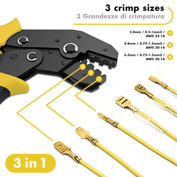 Pinza Crimpatrice Faston, Pinza per crimpare terminali elettrici faston, Pinza con 300 manicotti Piatti Connettore 0.5-1.5 mm² (Pinza + 300 connettori)